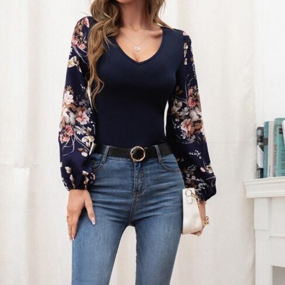 Boho Floral Print Fitted Top Long Sleeves - Picture 5 of 5